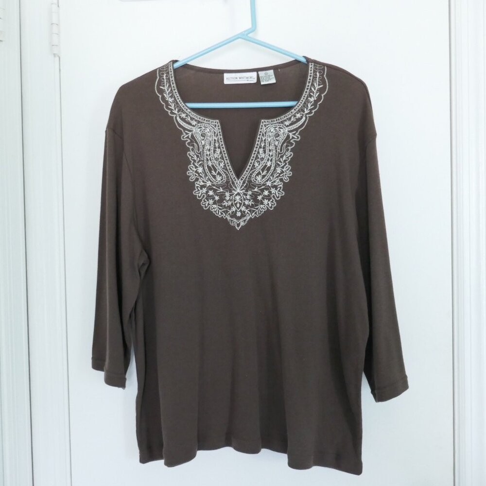 NWOT Allyson Whitmore brown split collar 3/4 sleeve shirt with embroidery sz 2X